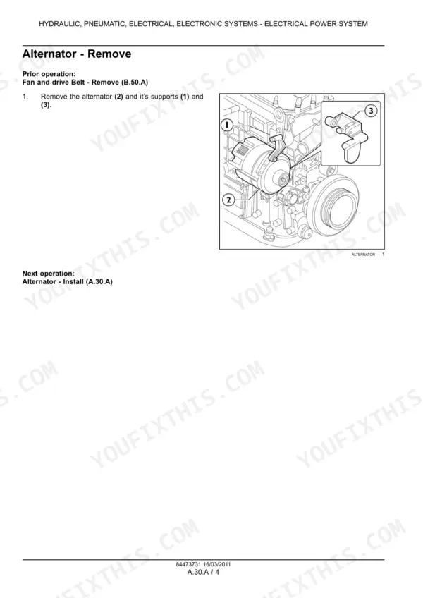 Case IH F3BFE613A*A001-E*A service manual page showing alternator removal procedure and component diagram with supports.