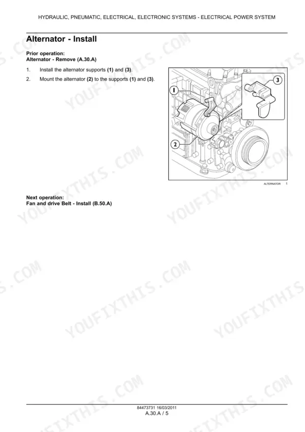Case IH F3BFE613A*A001-E*A alternator installation procedure diagram showing component mounting points 1, 2, and 3.