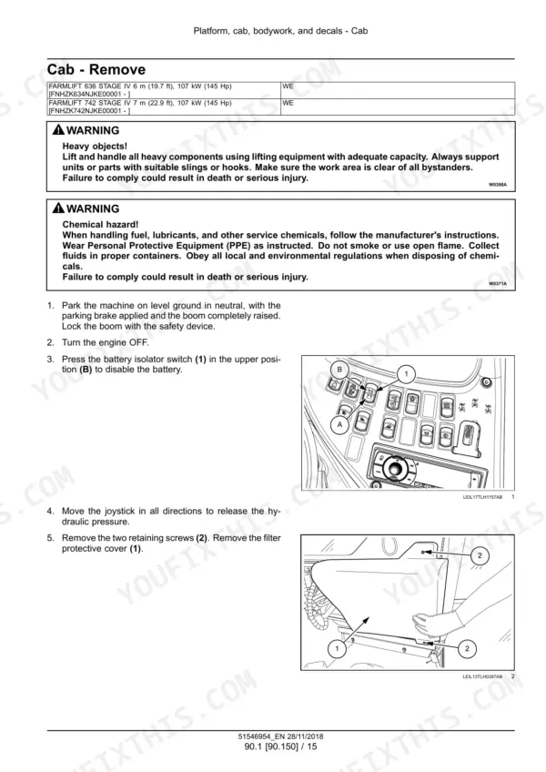 Case IH Farmlift 633–935 service manual cab removal procedure