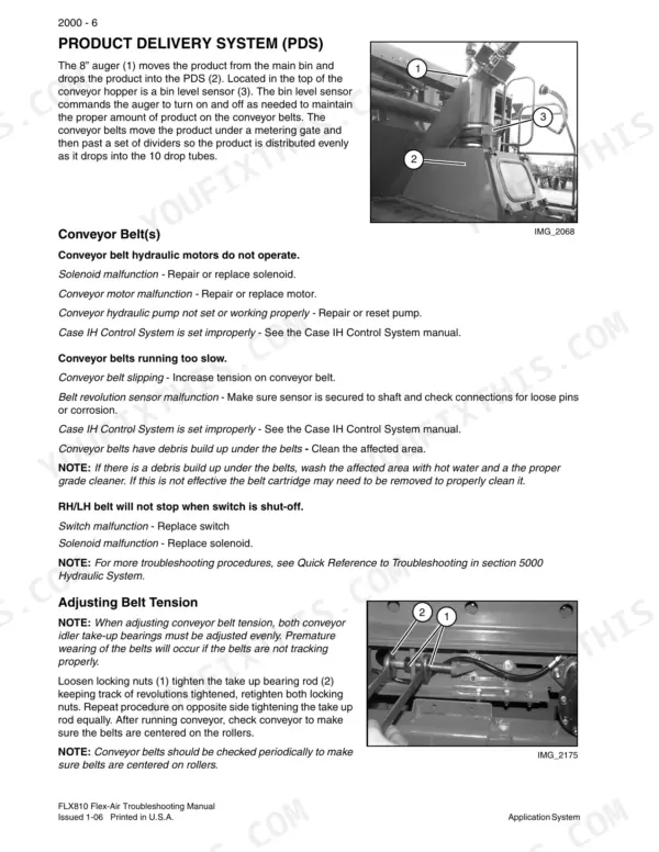 Case IH FLX810 Flex-Air Product Delivery System troubleshooting guide, conveyor belt operation, and belt tension adjustment.