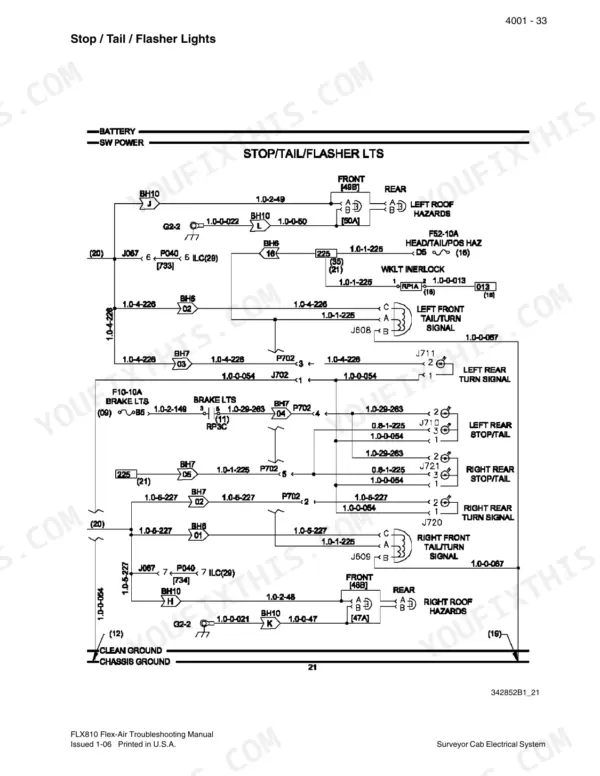 Case IH FLX810 Flex-Air wiring diagram for stop, tail, and flasher lights showing cab electrical system circuits.