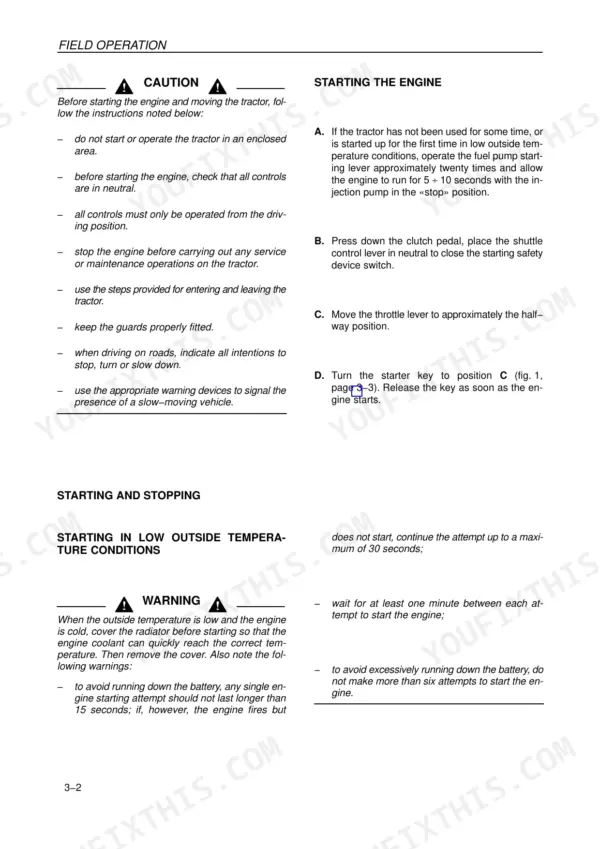 Case IH JX1070U, JX1080U, JX1090U, JX1100U engine starting procedures and cold weather operation instructions.