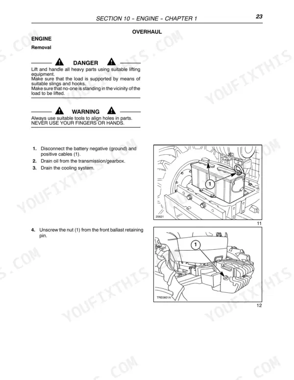 Case IH JX60, JX70, JX80, JX90, JX95 engine removal procedure, battery cable disconnection, and front ballast pin removal diagrams.