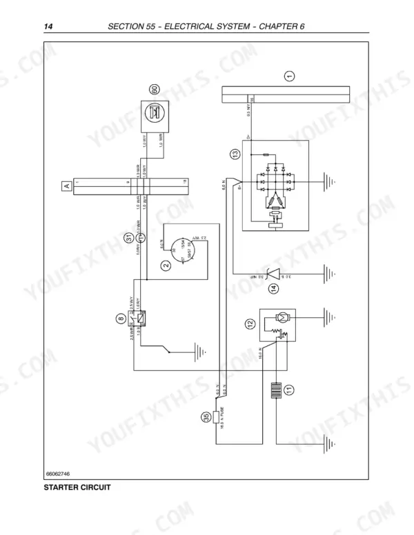 Case IH JX60, JX70, JX80, JX90, JX95 electrical system wiring diagram showing the starter circuit and alternator components.