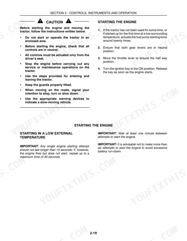 Case IH JX95 operator manual page showing engine starting procedures, safety cautions, and cold weather starting instructions.