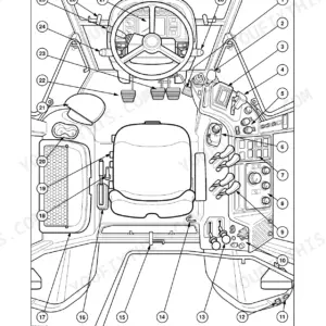 Case IH MXM120–MXM190 operator manual diagram showing numbered cab and platform controls, steering wheel, seat, and console layout.