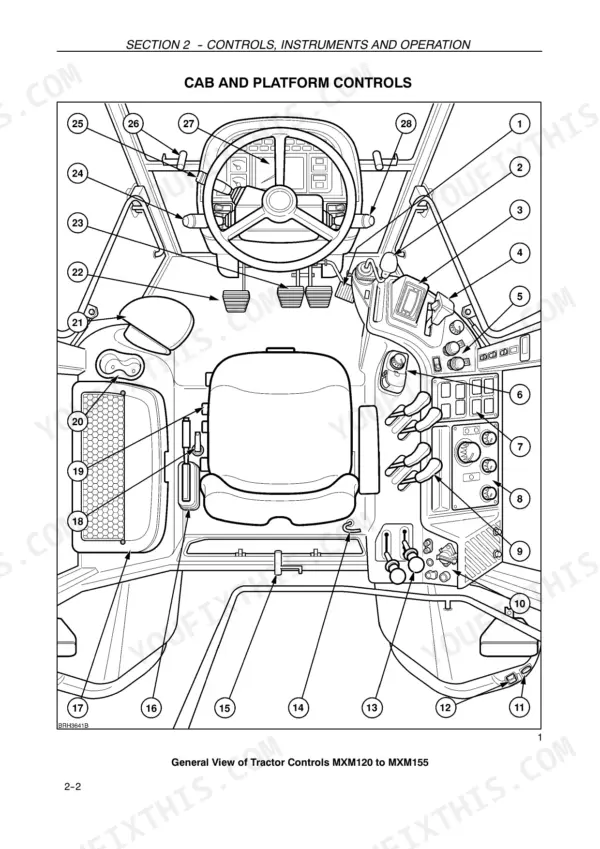 case-ih-mxm120-variants-tractor-operator-manual-82999278-controls-27.webp Case IH MXM120–MXM190 operator manual diagram showing numbered cab and platform controls, steering wheel, seat, and console layout.