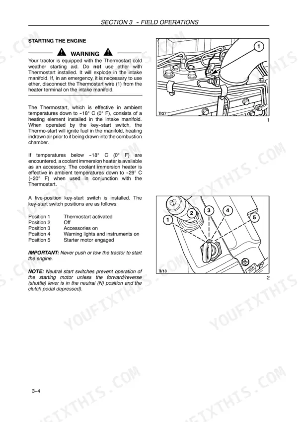 Case IH MXM120–MXM190 engine starting procedure, Thermostart cold weather aid diagram, and key-start switch position guide.