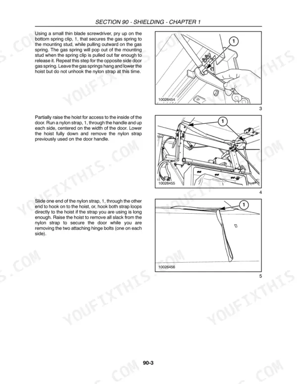 Case IH RB454, RB464, RB554, RB564 round baler door gas spring and hoist strap removal photos