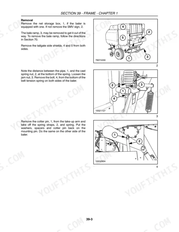 Case IH RB454, RB464, RB554, RB564 round baler tailgate removal steps with numbered photos