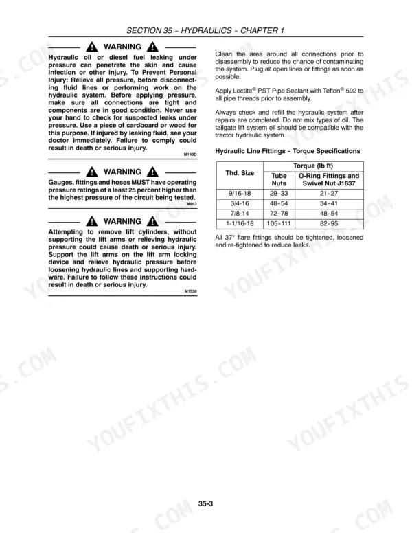 Case IH RB454, RB464, RB554, RB564 round baler hydraulic safety warnings and fitting torque table