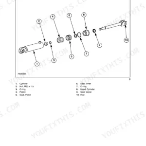 Case IH RR144, RR180, RR204 exploded view of rear hydraulic cylinder components with numbered parts list.