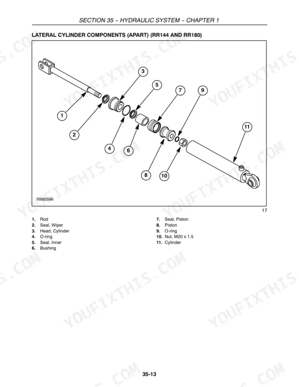 Case IH RR144, RR180, RR204 exploded view of lateral hydraulic cylinder components with parts list and labels.