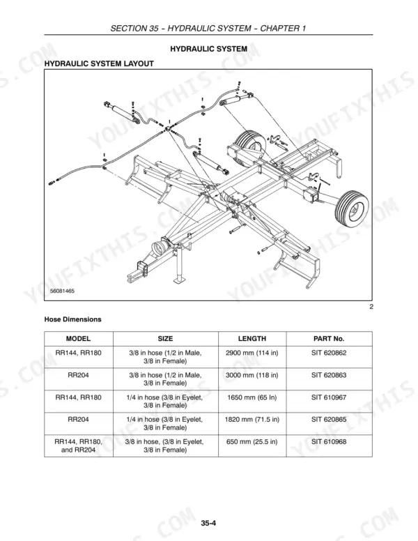 Case IH RR144, RR180, RR204 hydraulic system layout diagram and hose dimension specification table with part numbers.