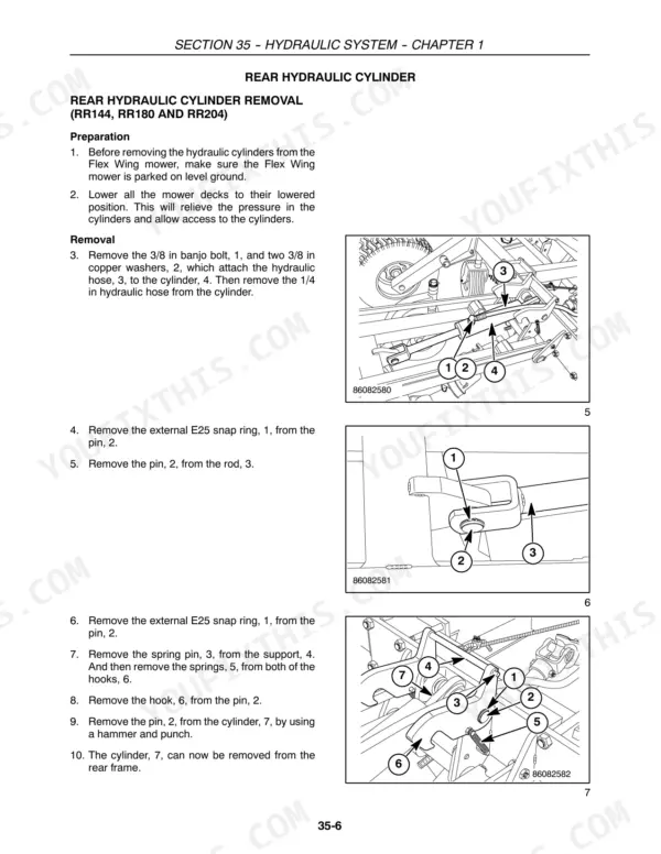 Case IH RR144, RR180, RR204 rear hydraulic cylinder removal procedure with component diagrams and numbered parts.