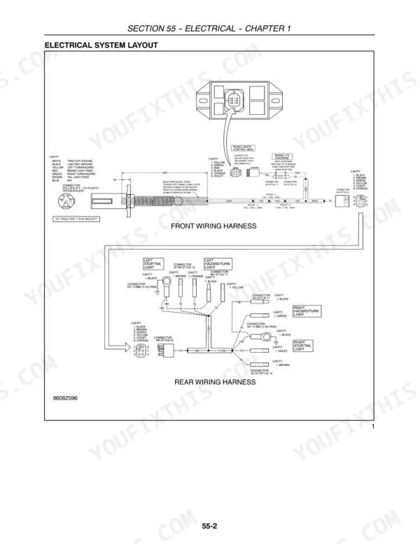 Case IH RR144, RR180, RR204 electrical system layout showing front and rear wiring harness diagrams and connector pinouts.