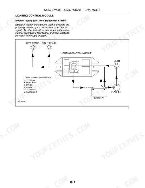 Case IH RR144, RR180, RR204 lighting control module testing logic diagram and connector pin assignments for turn signals.