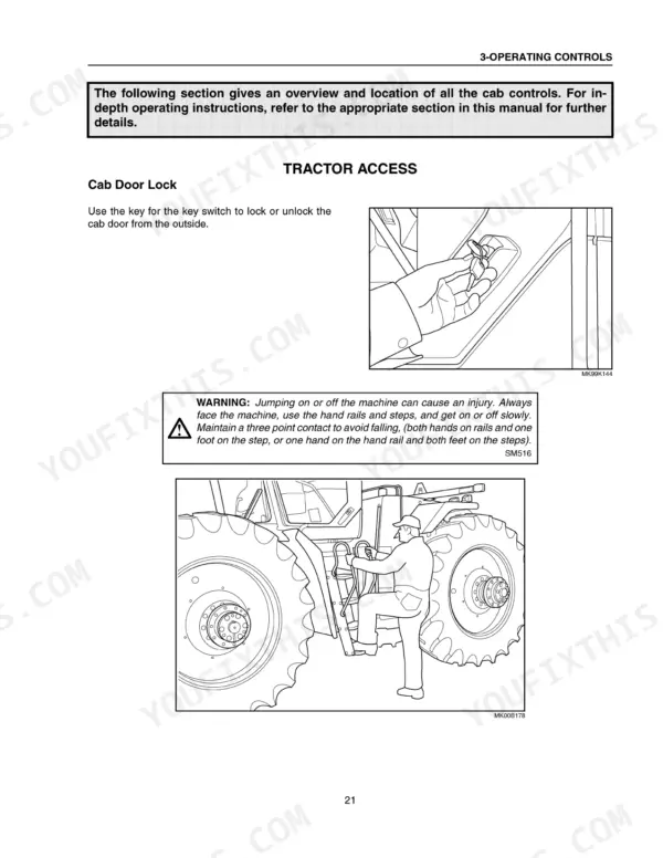 Case IH STX275, STX325 operator manual showing cab door lock operation and tractor access safety procedures.