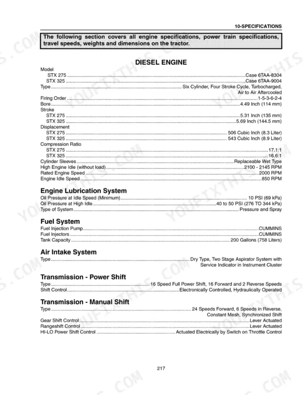 Case IH STX275, STX325 engine, lubrication, fuel, air intake, and transmission technical specifications table.