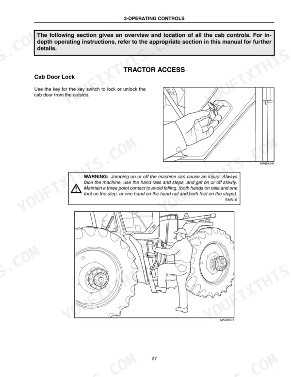 case-ih-stx280-stx330-steiger-tractor-operator-manual-87366119-controls-31.webp Case IH STX280, STX330 operator manual page showing cab door lock operation and tractor access safety procedures.