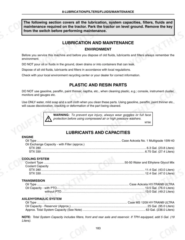 Case IH STX280, STX330 maintenance page showing lubricant types, fluid capacities for engine, cooling, transmission, and hydraulics.