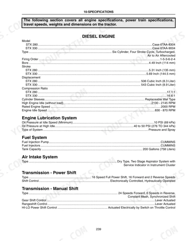 Case IH STX280, STX330 engine, lubrication, fuel, air intake, and transmission technical specifications table.
