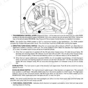Case IH STX380, STX430, STX480, STX530 steering column controls diagram showing transmission lever, turn signal, and indicators.