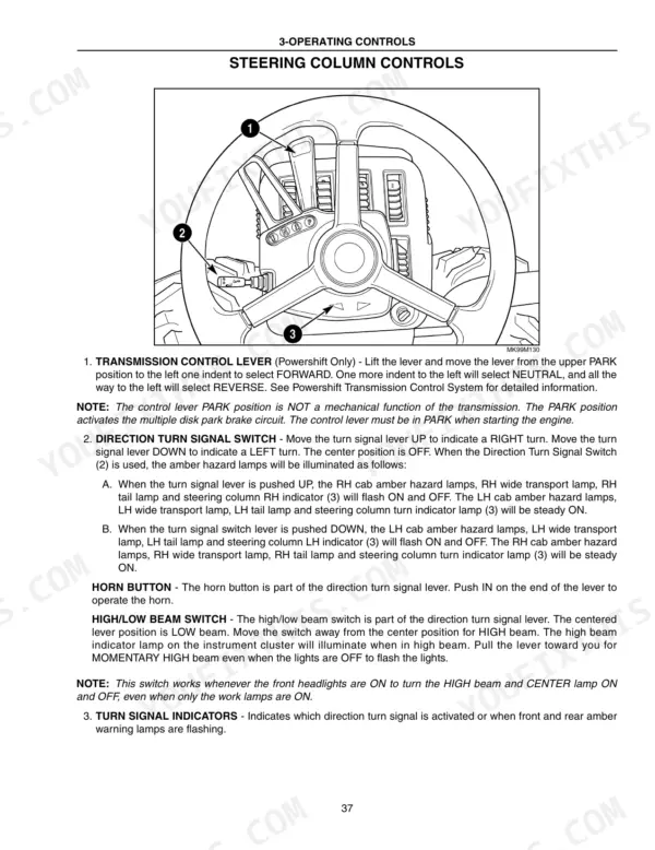 case-ih-stx380-stx530-series-steiger-tractor-operator-manual-87366126-controls-41.webp Case IH STX380, STX430, STX480, STX530 steering column controls diagram showing transmission lever, turn signal, and indicators.