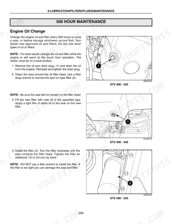 Case IH STX380, STX430, STX480, STX530 500 hour engine oil change procedure with drain plug and filter location diagrams.