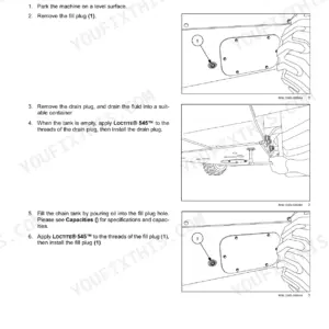 Case SR210, SR240, SV280, TR270, TR310 skid steer loader / compact track loader chain drive fluid change procedure with fill and drain plug illustrations