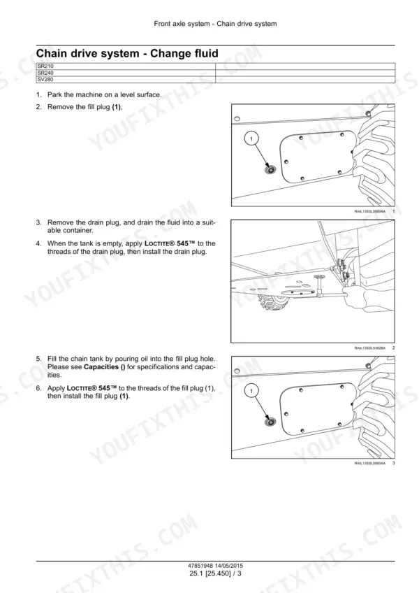 case-sr210-tr310-service-manual-axle-systems-108.webp Case SR210, SR240, SV280, TR270, TR310 skid steer loader / compact track loader chain drive fluid change procedure with fill and drain plug illustrations