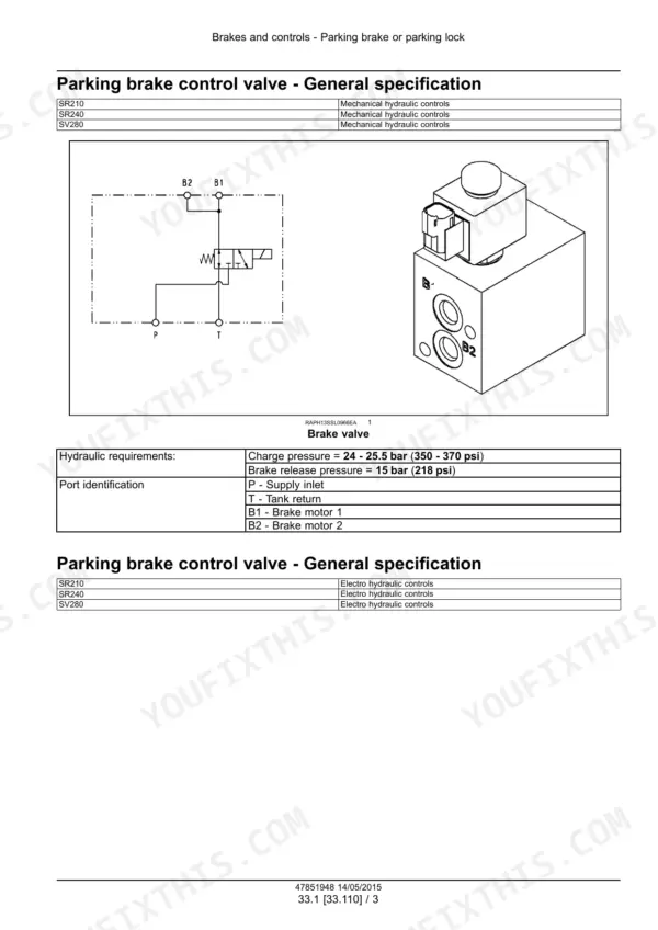 Case SR210, SR240, SV280, TR270, TR310 skid steer loader / compact track loader parking brake control valve hydraulic symbol, port identification and pressure specifications