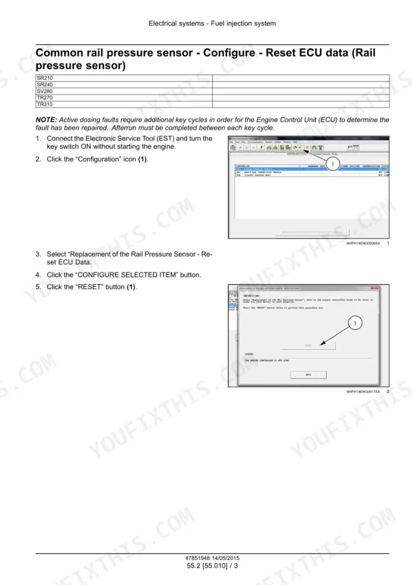 Case SR210, SR240, SV280, TR270, TR310 skid steer loader / compact track loader rail pressure sensor ECU data reset procedure with service tool screens
