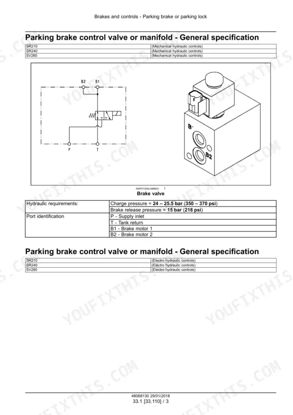 case-sr210-tv370-service-manual-brakes-and-controls-346.webp Case SR210–TV370 Alpha Series skid steer loader / compact track loader parking brake control valve general specification with port identification