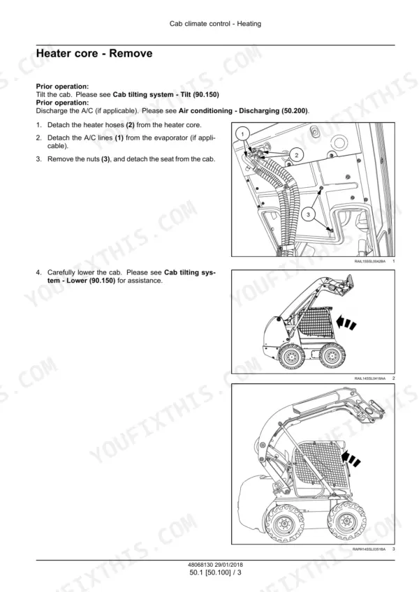 Case SR210–TV370 Alpha Series skid steer loader / compact track loader heater core removal procedure with cab tilt illustrations