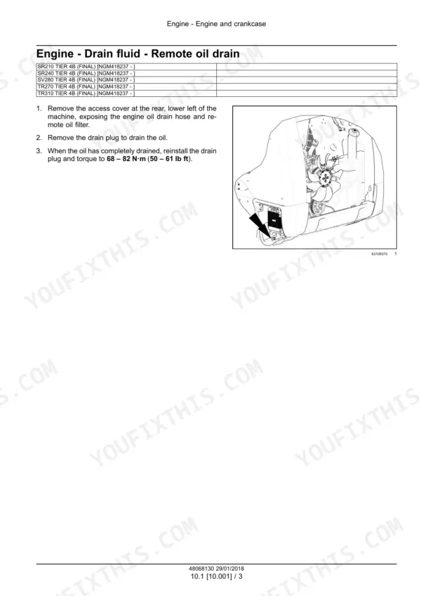 Case SR210–TV370 Alpha Series skid steer loader / compact track loader remote engine oil drain procedure