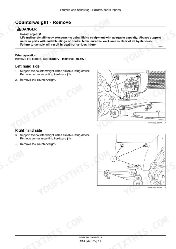 Case SR210–TV370 Alpha Series skid steer loader / compact track loader counterweight removal procedure