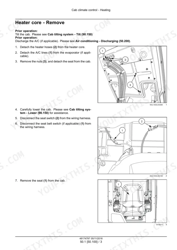 Case TV450 compact track loader heater core removal steps with photos