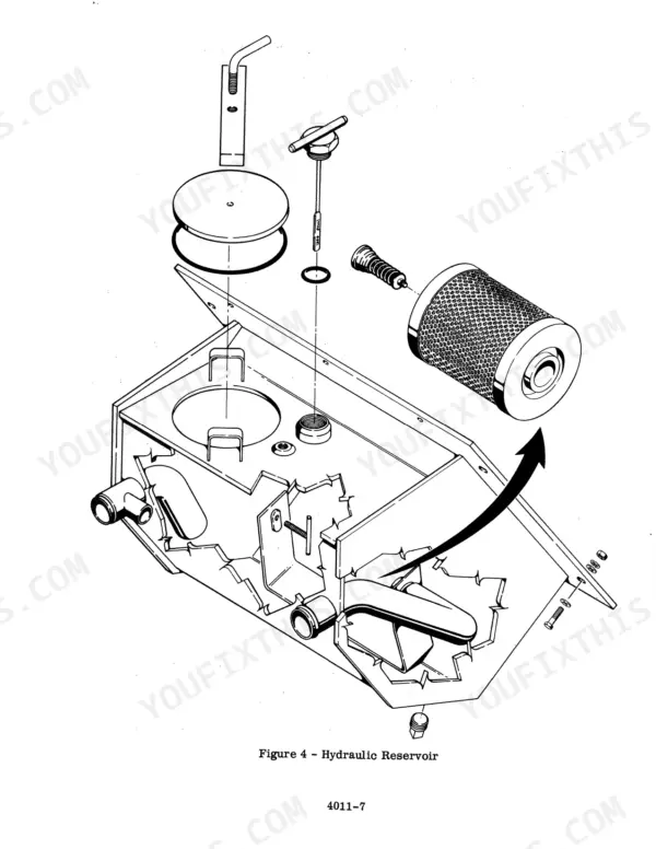 Case W14 exploded view diagram of the hydraulic reservoir, showing filter, dipstick, and cap assembly components.