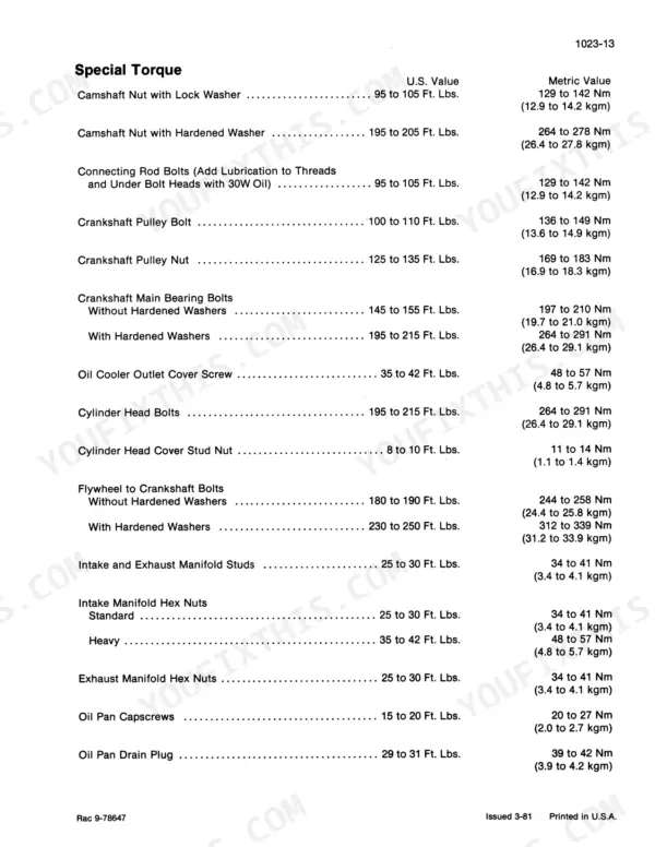 Case W14 service manual page showing special torque specifications for engine components, bolts, nuts, and studs.