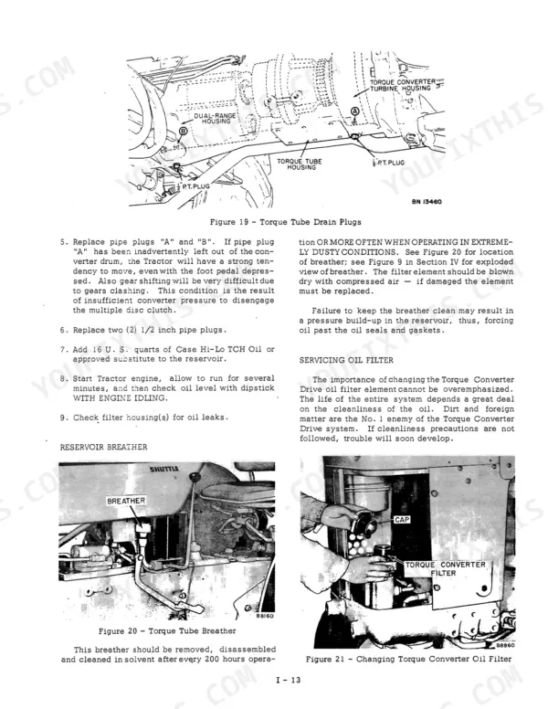 case-w3-wheel-tractor-loader-service-manual-9-70451-exploded-view-16.webp Case W3, W5 service manual page showing torque tube drain plugs, reservoir breather, and torque converter oil filter.