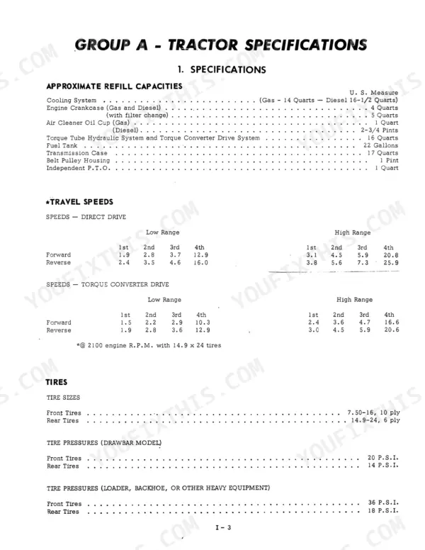 Case W3, W5 tractor specifications table showing refill capacities, travel speeds, tire sizes, and tire pressures.