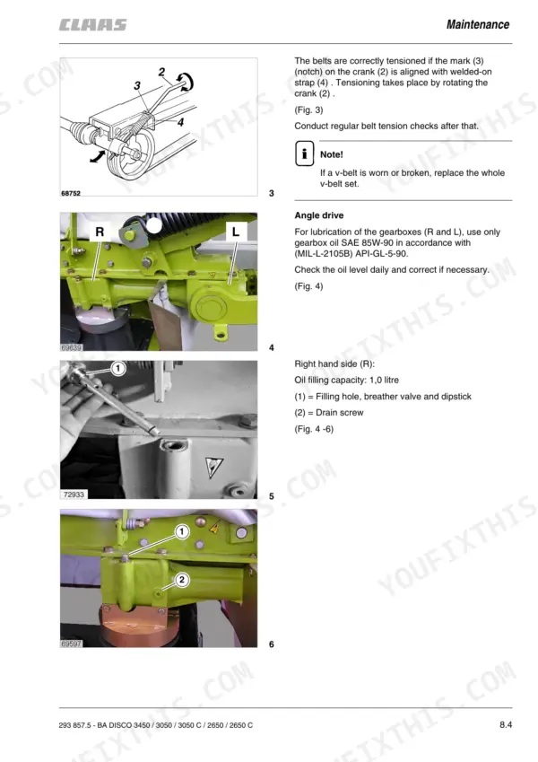 Claas DISCO 3450, 3050, 2650 series maintenance: belt tensioning diagram and angle drive gearbox oil lubrication procedures.