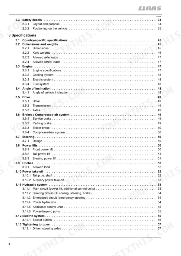 claas-xerion-3300-trac-variants-tractor-operator-manual-000-293-953-1-page-4.webp Claas Xerion 3300/3800 Trac manual table of contents page 4 showing specifications sections.