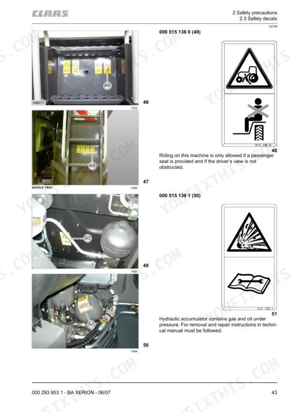 Claas Xerion 3300/3800 Trac safety decals for passenger seating and hydraulic accumulator pressure.