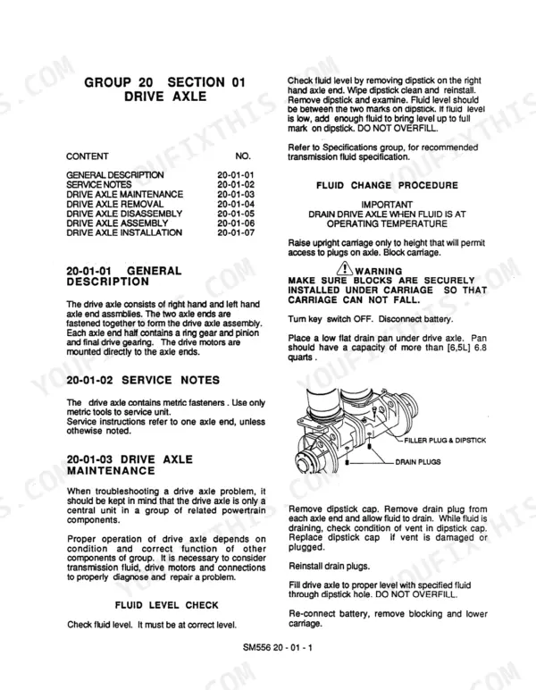 Clark ESM 12-25 drive axle maintenance, fluid level check, and fluid change procedures with component diagram showing plugs.
