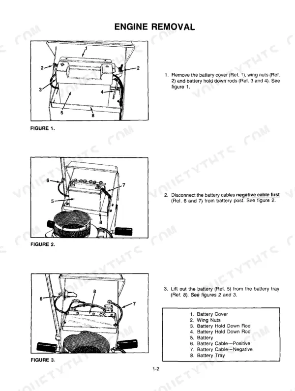 Cub Cadet 805–1720 engine removal procedure showing battery removal steps, cable disconnection, and component parts list.