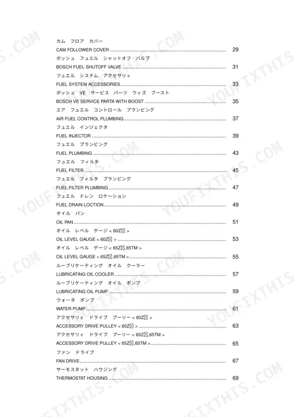Cummins B5.9-C service manual table of contents listing fuel, oil, and cooling system components from pages 29 to 69.