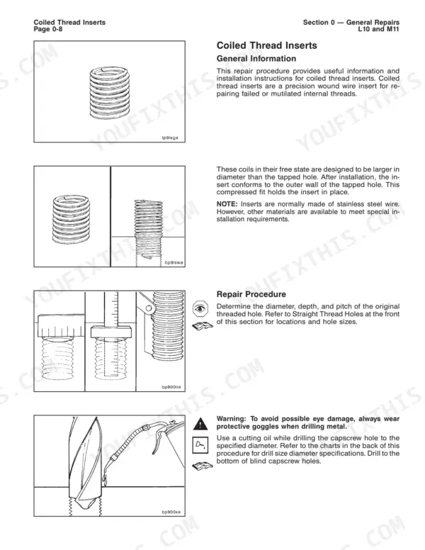 Cummins L10, M11 coiled thread insert repair procedure, installation instructions, and drilling safety diagrams.