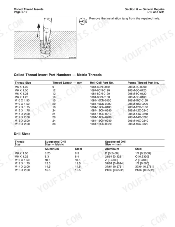 Cummins L10, M11 coiled thread insert removal diagram, metric part numbers, and drill size specifications table.